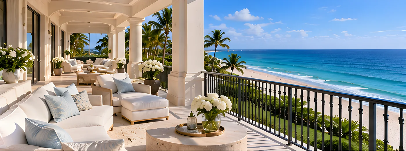 Oceanfront terrace with ivory lounge seating and white hydrangeas overlooking the Atlantic
