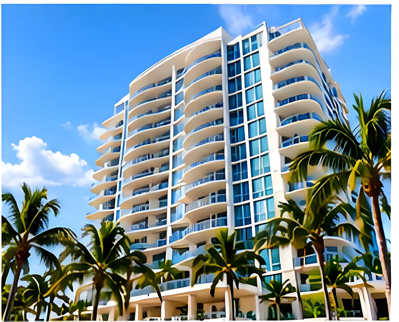 Oceanfront condominium tower with curved balconies framed by palms