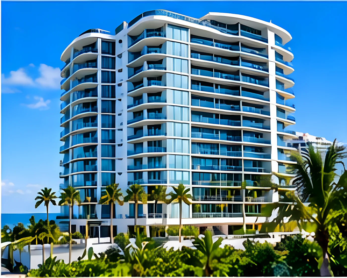 South Florida condominium tower exterior, full building view